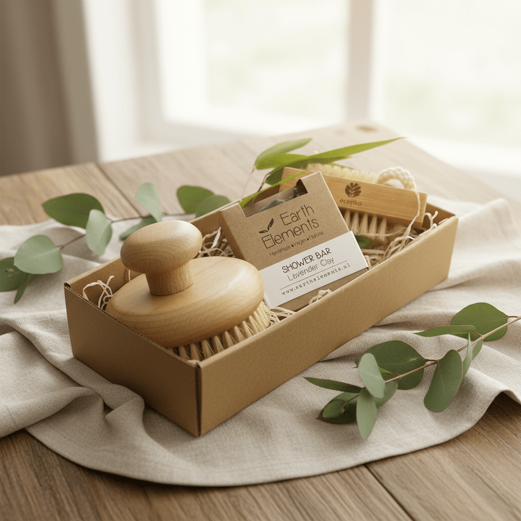 Through the window Natural Wooden Bathroom Eco Friendly Gift Box | Vegan Soap, Bamboo Nail Brush & Sustainable Body Brush with Plant Based Bristles 🌿 - n/a
