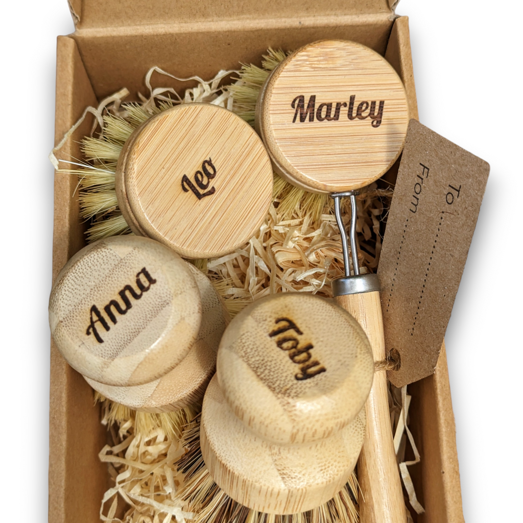 Personalised Dish Brush Gift Set | Customised Natural Sustainable Bamboo & Plant Based Kitchen Washing Up Brushes