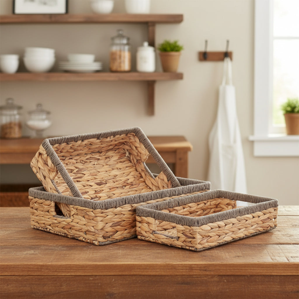 Grey Rope Border Rectangular Water Hyacinth Tray