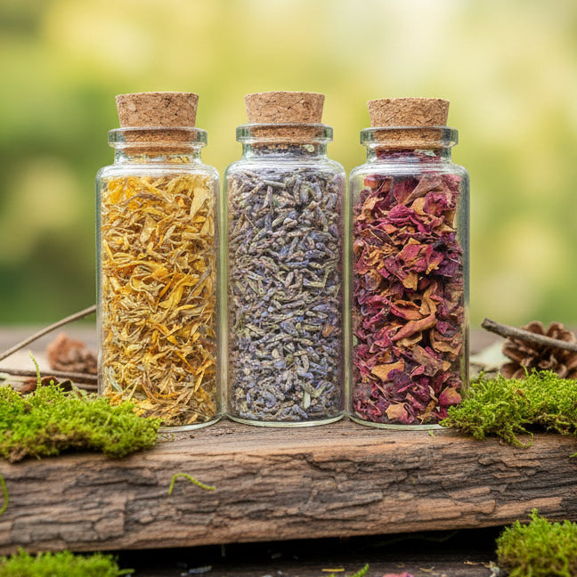 Mini Botanical Vial Trio – Lavender, Rose & Chamomile Petals